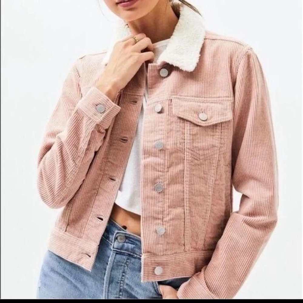 PacSun Pink Corduroy Sherpa Lined Trucker Jacket Faux Fur Oversized XS S